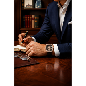 Reloj de Lujo para Hombre con Movimiento de Cuarzo Shanghai, Caja Rectangular, Incrustaciones de Diamantes, Correa de Cuero Azul y Oro Rosa, Caja Metálica - Product Image 4