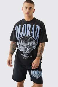 Conjunto de camiseta y pantalones cortos con gráfico grande y cuello extendido de gran tamaño, conjunto de chándal para hombre con pantalones cortos y camiseta con logotipo personalizado, conjunto de verano - Product Image 3