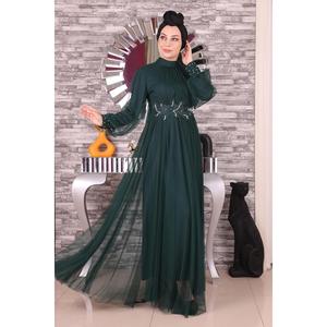 Vestido de Noche Largo, Corte en A, con Detalles de Encaje y Perlas, Tul con Decoración de Cristales y Flores, Talla XL, Color Liso, Poliéster, para Fiestas - Product Image 3