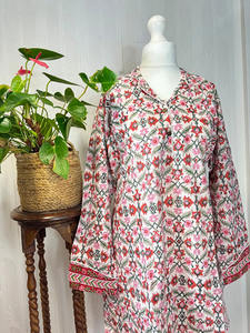 Luxury Indian Hand Block Printed Soft Cotton Night <b>Shirt</b> Spring Pastel White Pink Botanical Floral Casual Button <b>Parties</b> Front - Product Image 5