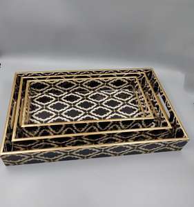 Ensemble de 3 plateaux de service en bois artisanal Ensemble de plateaux à café en émail étanche Taille 15x11x2 pouces Matériau MDF PAR GM IMPEX - Product Image 4