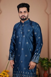 Pijama Kurta para hombre de tela de seda de calidad superior con bordado pesado para vestirse tradicional en matrimonios Puja y uso de Diwali - Product Image 5