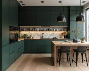 Luxury L Shaped Design Solid Wood Matt Finished Smart Kitchen Cabinet With Island <b>Marble</b> Countertop dark green - Product Image 2