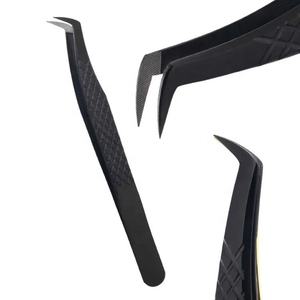 Pinzas de Extensión de Pestañas Profesionales de Acero Inoxidable con Punta de Fibra en Forma de L, Pinzas de Extensión de Pestañas con Punta de Fibra de Titanio Negro - Product Image 1