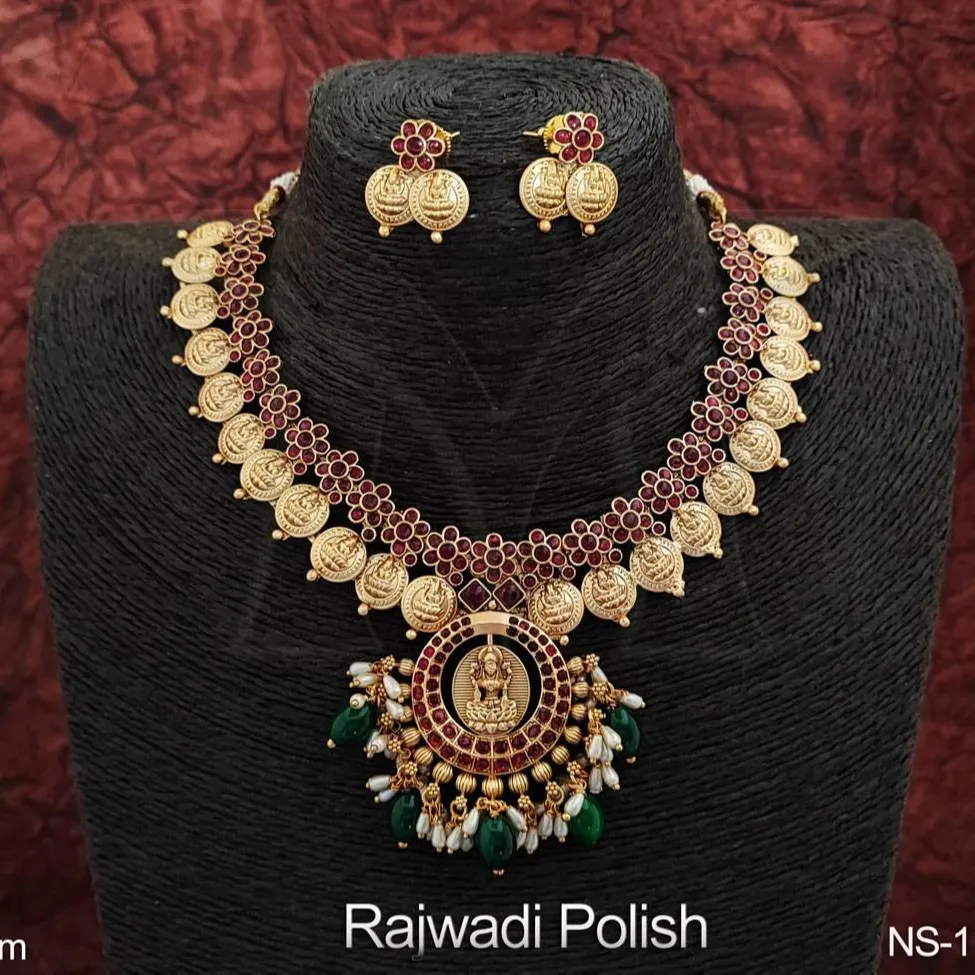 Clustered Pearl Rajwadi Plated Fancy Style Temple Jewllery Temple Necklace Set