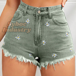 Embroidery Denim Tear Short Stylish Ripped Bottom Light Wash Summer Tear <b>Jeans</b> Casual Beach Outfit For <b>Women</b> - Product Image 5