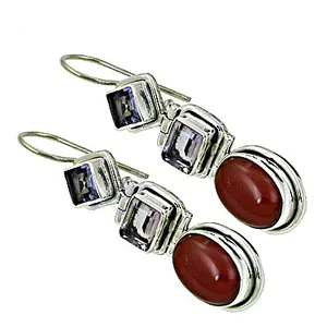 Pendientes Colgantes Religiosos Cristianos de Plata 925 de Moda para Mujer con Amatista, Cornalina y Perla en Engaste de Bisel para Bodas - Product Image 1