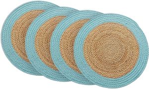 Round Verona Woven Jute Cotton Braided Placemat for Dining <b>Table</b> Decor Wedding Family Gatherings Parties With Aqua <b>Blue</b> Border - Product Image 3
