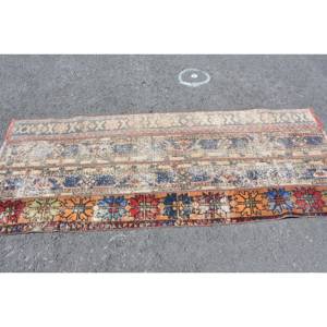 Tapis turc vintage classique, motif patchwork orange et bleu, fait main, en laine avec envers en latex, grand rectangle 2,6x6,7 pieds, poils moyens - Product Image 3