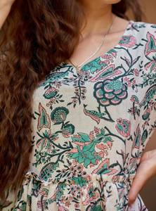 Vestido Kamalani Estampado a Mano, Estilo Bohemio, Floral, Blanco, Verde, Rosa, Algodón Puro, Ropa Casual - Product Image 6