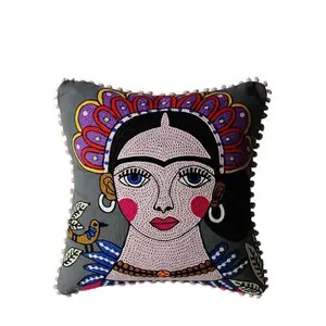 Heerlijke Frida Kahlo Geïnspireerd Grey Crewel Geborduurde Katoen Woonruimtes Kussenhoes Decor Thema Elegante Kussensloop