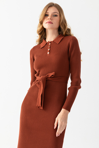 Robe en velours côtelé décontractée pour femmes, confortable et élégante, col polo, manches en tricot, décoration à motif de tour de taille naturel - Product Image 4