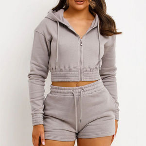 Traje deportivo para mujer Jogger Hoodie Sweat Two Piece Crop Top Pants Set con decoración de encaje Traje de longitud corta - Product Image 4