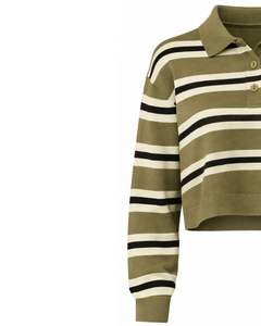 Pull Polo Court Rayé Vert Olive Personnalisé pour Femme avec Patte de Boutonnage Manches Longues Tricot Doux Décontracté Mode Hiver - Product Image 3