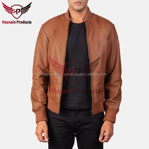 <b>Mens</b> Real Tan <b>Leather</b> Bomber <b>Jacket</b> Ribbed Collar Zipper Side Pockets Sheepskin Cognac Flight Coat Custom Brown Winter Outerwear - Product Image 4