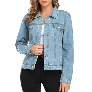 Best Selling Women's Winter Casual 100% Cotton Denim Jacket Finished <b>Stand</b> Button Custom Logo Embroidery Breathable Canvas Long - Product Image 3