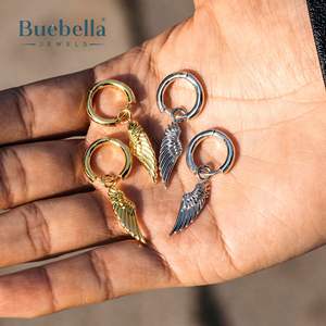 Handmade 925 Sterling Silver Huggie <b>Earrings</b> Unique Angel <b>Wings</b> hoop <b>Earrings</b> for Men - Product Image 5