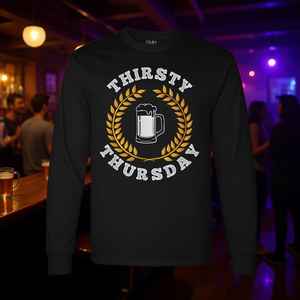T-shirt à manches longues pour la fête du jeudi « College Thirsty Thursday » inspiré de la bière et du vin, idéal pour les promotions - Product Image 3