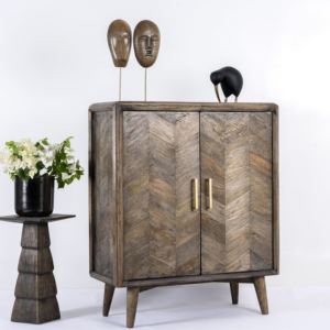 Solid Mango Wood 2-Door <b>Sideboard</b> with Sandblast Gray Finish Brass Accents Modern Design for Bedroom Kitchen Dining Living Room - Product Image 2