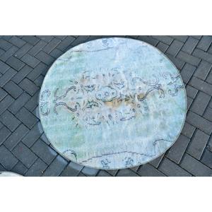 Alfombra Turca Redonda Vintage de 3.9x3.9 pies, Alfombra de Lana Azul - Product Image 3