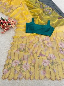 Increíble colección de Sari de seda de organza impresa digitalmente con secuencia y bordes cortados para estilo de bodas - Product Image 6