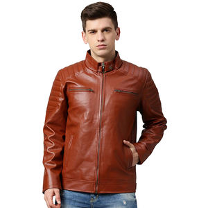 Chaqueta de Motociclista para Hombre de Piel de Oveja Auténtica con Cremallera, Color Lavanda Marrón, con Forro de Viscosa Acolchado - Product Image 1