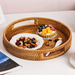 Ensemble de 3 plateaux de service ronds en rotin tressé à la main, écologiques, décoratifs, avec poignée, pour la maison, l'hôtel, recyclables, durables - Product Image 6