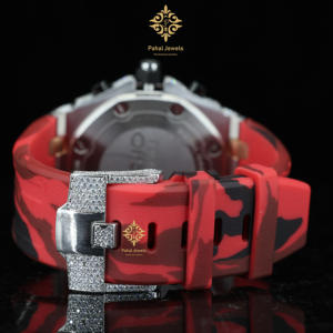 Montre mécanique de luxe pour homme bicolore, demi-sertie de diamants en moissanite, bracelet en caoutchouc rouge et noir, cadran avec date, style hip-hop - Product Image 3