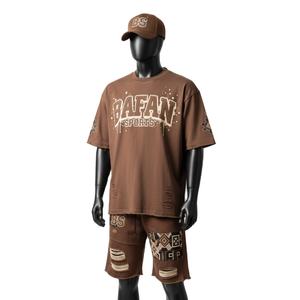 Men Streetwear <b>Tshirt</b> <b>And</b> Shortset Heavy Cotton Jersey 240 GSM Earth Brown Panel <b>Shorts</b> Screen Printed Custom Logo 2 Pieces <b>Sets</b> - Product Image 3