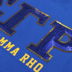 Sigma Gamma Rho SGRho Sequin Patch Tee Royal Blue Greek <b>Letters</b> Embroidered Sorority Apparel <b>Gold</b> Trim Greek Life T Shirt - Product Image 5