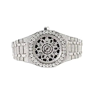 Reloj de acero inoxidable de gama alta, esqueleto de diamante helado completo, patrón geométrico personalizado, resistente al agua, reloj de diamante Real - Product Image 1