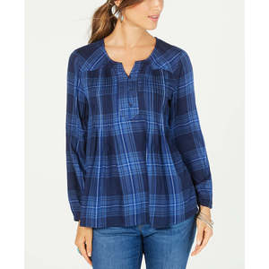 Top da donna Style & Co in popeline plissettato a quadri blu, taglia unica, con ricami floreali, vestibilità ampia, lunghezza lunga, ideale per l'ufficio - Product Image 1