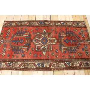 พรมตุรกีขนาดเล็ก 3x5 ฟุต (90x153 ซม.) พรมขนสัตว์ลายตารางสีแดงวินเทจ - Product Image 2