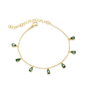 Piedra verde Zirconia cúbica gota forma de pera minimalista plata esterlina encanto pulsera venta al por mayor joyería hecha a mano