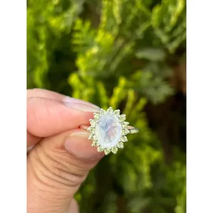 925 Platinum Oval Cut Natural Stone Gemstone <b>Ring</b> with Moonstone Peridot for Engagement Geometric Geometry Design IGI Certified - Product Image 1