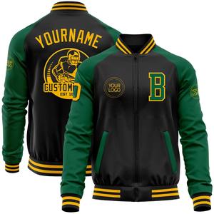 Veste bomber varsity à deux tons avec fermeture éclair, en gros directement de l'industrie, décontractée, d'hiver, personnalisée, noire et vert Kelly - Product Image 1