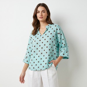 Camicetta a maniche 3/4 con lavorazione traforata e motivo a pois, 100% lino, taglia unica (taglie 36–44) - Product Image 1