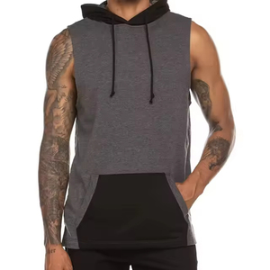 <b>Men's</b> Winter Fashion Personalized 100% Cotton Terry Fabric Solid Color <b>Sleeveless</b> Fitness Hoodie Vest with Pocket Breathable - Product Image 6