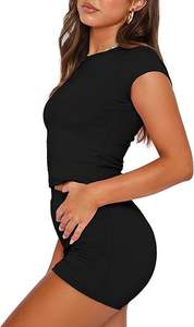 Conjuntos de Shorts de 2 Piezas de Buena Calidad y Corte Ajustado, Conjuntos Deportivos Populares, Mangas Murciélago, Tops Cortos y Shorts de Ciclista para Mujer - Product Image 2