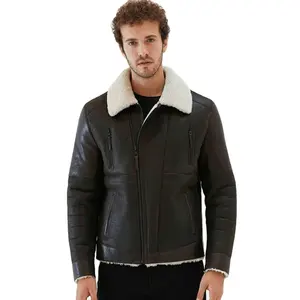 Winter Zwart En Bruin Faux Fur Real Schapenleer Custom Jacket Voor Mannen Bontkraag Man Vintage Shearling Leren Bomber jas