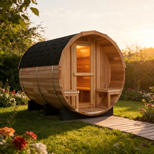 เตาซาวน่าแบบถังไม้ซีดาร์แดง 6 กิโลวัตต์ - รองรับได้ 6 คน, พร้อมผ้าคลุมกันฝน และม้านั่งสองอัน - Product Image 2