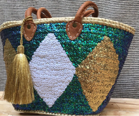 Sac de plage à paillettes de paon | Sac de panier en paille marocain