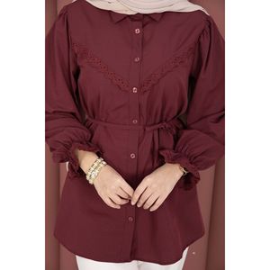Blusa Casual de Popelina con Cordones para Mujer, con Detalle Vintage Fisto, Color Borgoña, Estilo Casual Diario, Corte Ajustado, Talla XL para Verano - Product Image 5