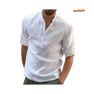 Camisa clásica de lino para hombre, manga larga abotonada, estilo bohemio, ropa de calle informal de lino, regalo de ajuste relajado para él - Product Image 1