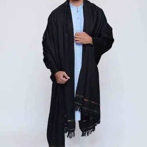 Châle Long en laine pour hommes, couleur unie noire, Offre Spéciale, 2022, Design de broderie teint, vierge, Logo personnalisé, châles en laine mérinos pour hommes