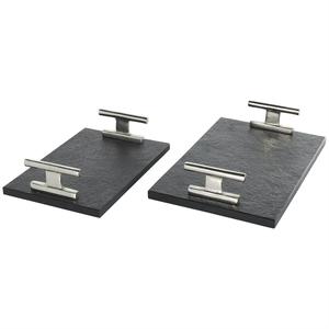 Vente en gros Lot de 2 plateaux de service en métal texturé en marbre noir Taille personnalisée 15 "12" avec poignées en argent pour usage domestique - Product Image 1