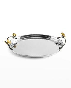 Stainless Steel Polished Finished Round Shape <b>Metal</b> <b>Tray</b> with Leaf Design Handles for Home Hotel Restaurants with Customize Logo - Product Image 1