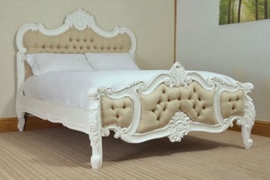 French Louis XVI European Design Solid Wood Bedroom Furniture Luxury <b>White</b> Kingsize Bed Linen Fabric <b>Headboard</b> for Home Hotel - Product Image 4