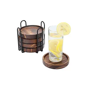 Porta-copos de madeira com suporte de metal para suco e caneca de café, produto feito à mão, porta-copos de madeira, produto de grande venda