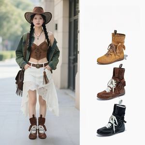 Femmes Lace Up Martin Boots Vintage British Style Western Cowboy Ankle Boots Retro Leather Combat Boots Fashion Casual Shoes - Product Image 1